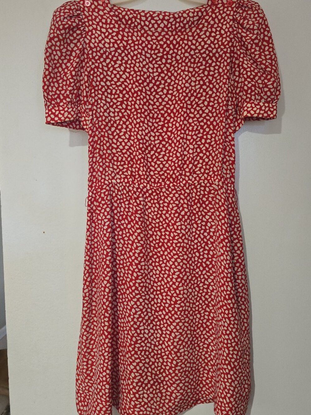 Vintage Cassis 100% Silk Dress Red Cream Dot Print Puff Sleeve Size 8 Coquette